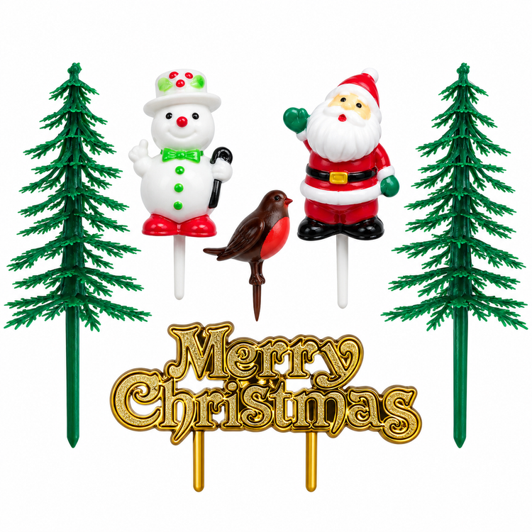 6pc Christmas Cake Decoration Toppers Set Santa Snowman Robin Fir Trees Xmas