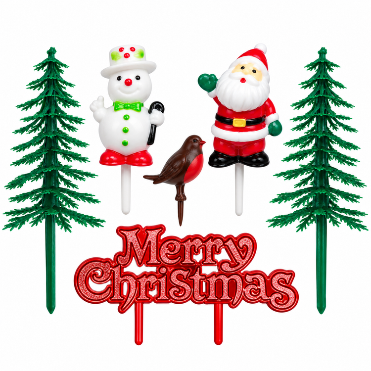 6pc Christmas Cake Decoration Toppers Set Santa Snowman Robin Fir Trees Xmas