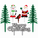 6pc Christmas Cake Decoration Toppers Set Santa Snowman Robin Fir Trees Xmas