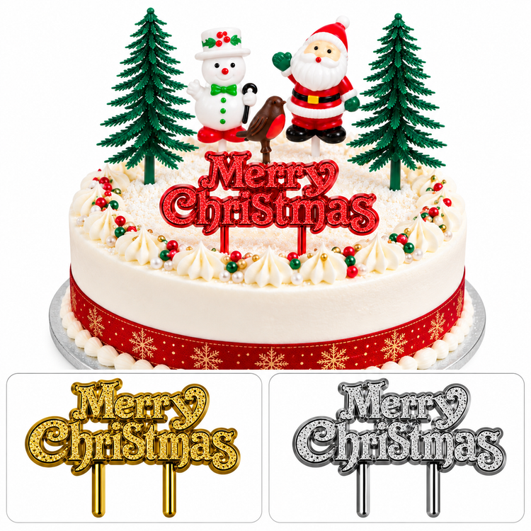 6pc Christmas Cake Decoration Toppers Set Santa Snowman Robin Fir Trees Xmas