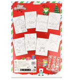 Coloring book set with Christmas-themed pages and stickers on a red background