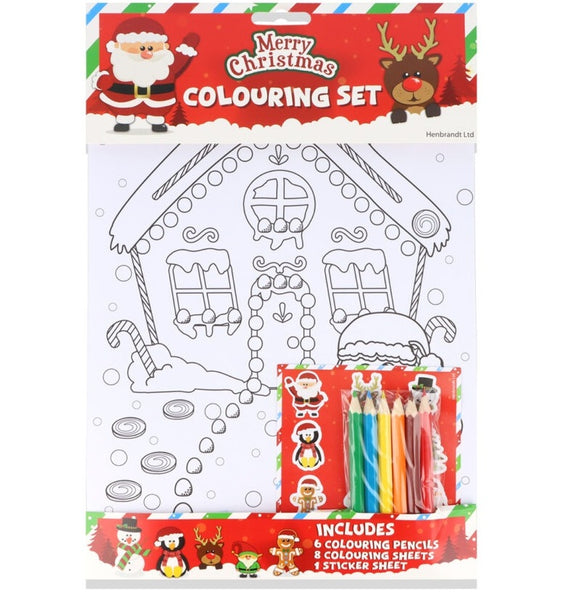 Christmas colouring set with gingerbread house design, pencils, and stickers on a white background