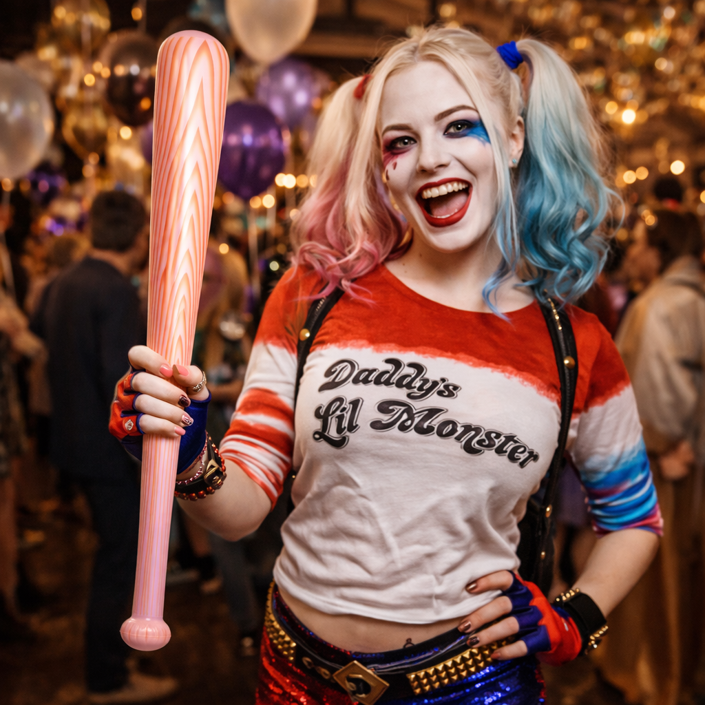 Person dressed as Harley Quinn holding a Inflatable baseball bat in a party setting with balloons.