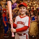 Child in baseball uniform holding a inflatable bat with blurred costumed figures in the background
