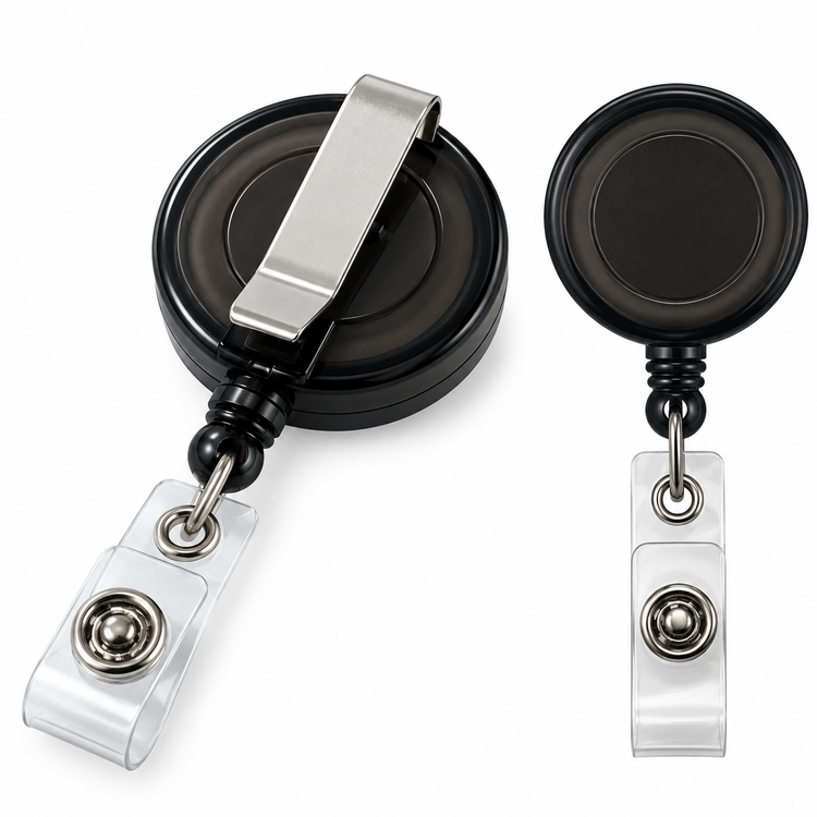 Two black retractable badge reel clips shown on a white background, one with the clear plastic clip attached and one without.