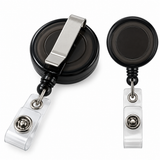 Two black retractable badge reel clips shown on a white background, one with the clear plastic clip attached and one without.