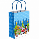 A blue gift bag with dark blue handles, decorated with white snowflakes on one side and a festive Christmas scene on the front, featuring Santa Claus, a snowman, a reindeer, and trees against a white background.