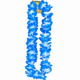 A blue and white flower lei necklace with a small yellow and blue branded tag at the top, isolated on a white background.