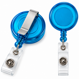 Two blue retractable badge reel clips shown on a white background, one with the clip extended and one folded, both with clear plastic ID holders and silver metal snap buttons.
