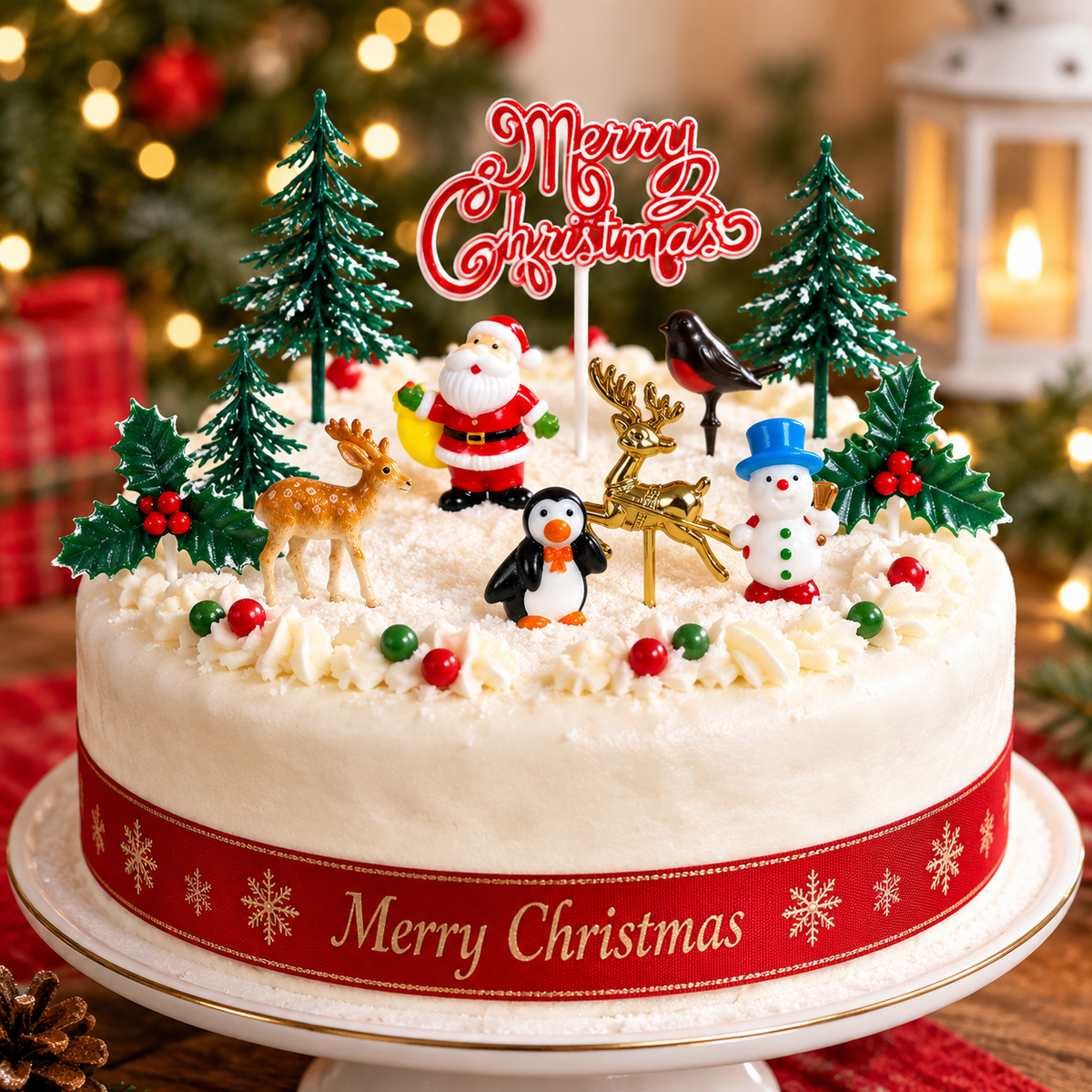 A frosted Christmas cake on a white cake stand, decorated with Santa Claus, a snowman, a penguin, a reindeer, a robin, pine trees, holly, and a red 'Merry Christmas' topper. The cake has a red ribbon with gold snowflakes and 'Merry Christmas' text, set against a blurred festive background.
