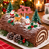 A decorated Christmas log cake on a white platter, topped with miniature Christmas trees, a Santa figure, a snowman, a bird, pinecones, holly, and a red 'Merry Christmas' topper. The cake is photographed on a wooden table with warm holiday lights and candles in the background.