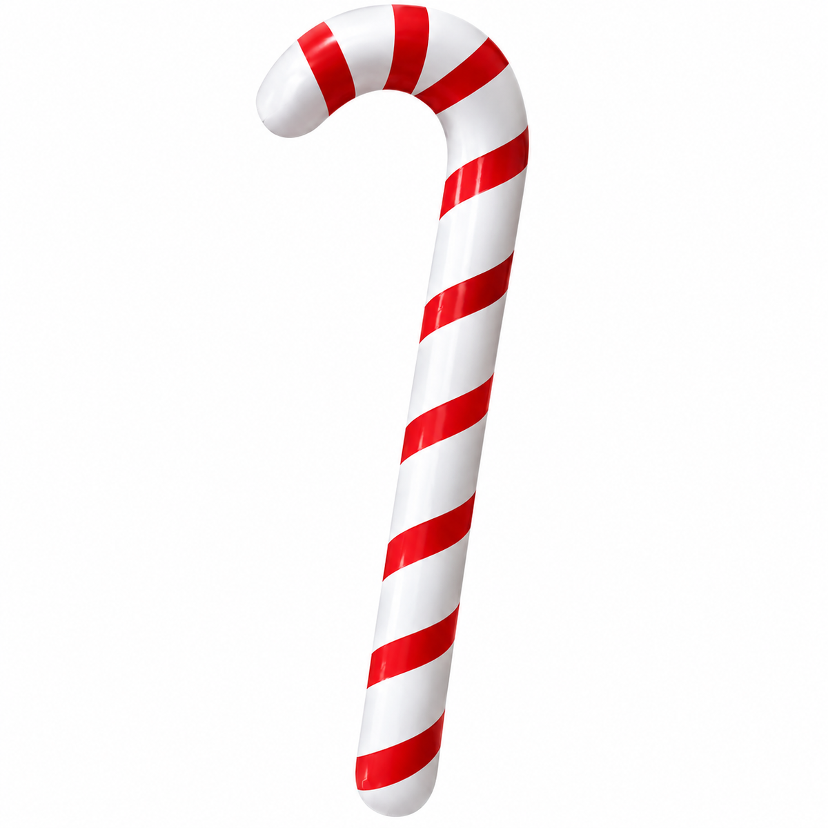 A classic Christmas candy cane with alternating red and white diagonal stripes, isolated on a solid white background.