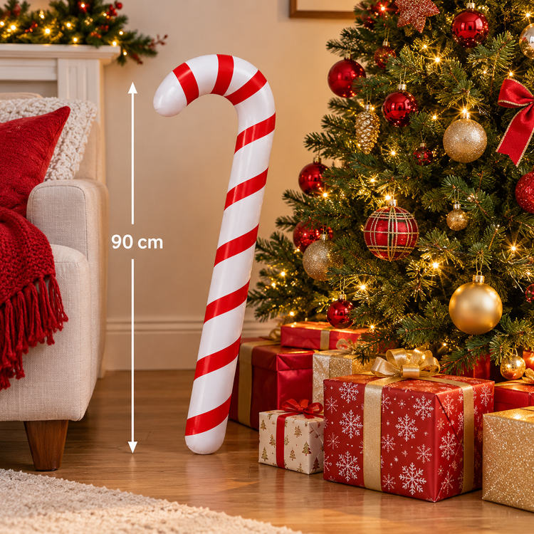 A large red and white striped candy cane decoration stands on a wooden floor next to a decorated Christmas tree and wrapped gift boxes. White measurement lines and the text '90 cm' indicate the product's height.