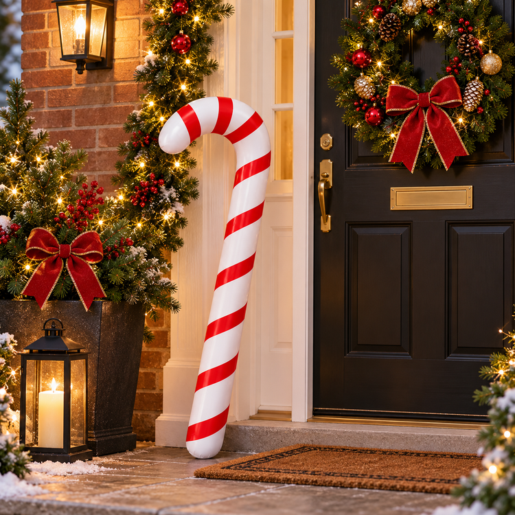 A large red-and-white striped candy cane decoration stands on a front porch beside a decorated black door, wreath, lantern, and potted evergreen trees with lights and red bows.