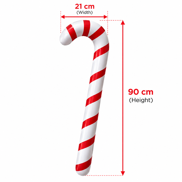 A red and white striped candy cane shown on a white background with red measurement annotations indicating a width of 21 cm and a height of 90 cm.