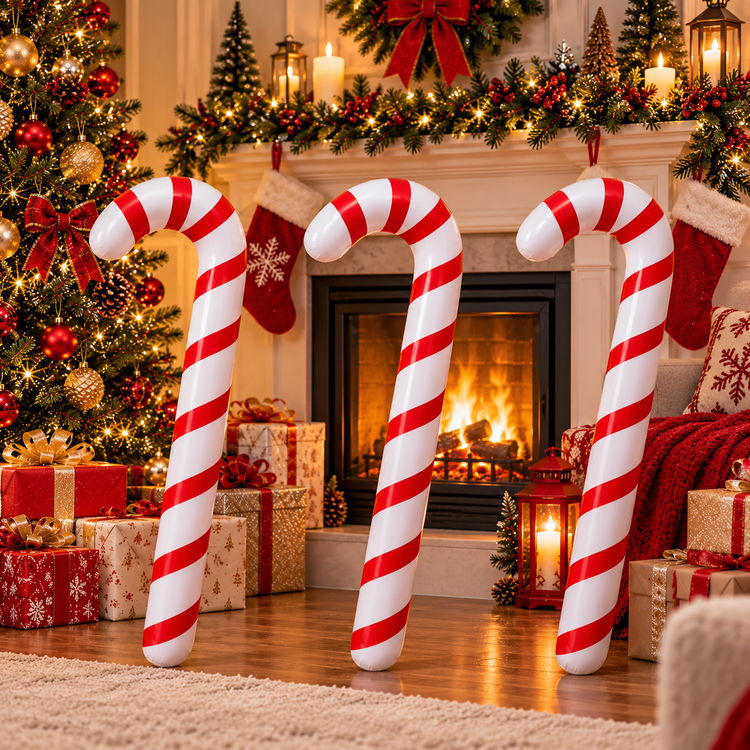 Three oversized red-and-white striped candy cane decorations stand in a decorated holiday living room in front of a fireplace, with Christmas trees, stockings, wrapped gifts, and warm lights around them.
