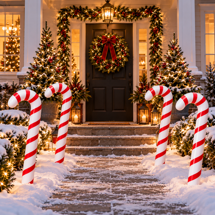 A snowy front porch decorated for Christmas, with large red-and-white candy cane yard signs on both sides of the walkway, a green garland arch over the door, a wreath with a red bow on the black front door, and lit Christmas trees on either side.