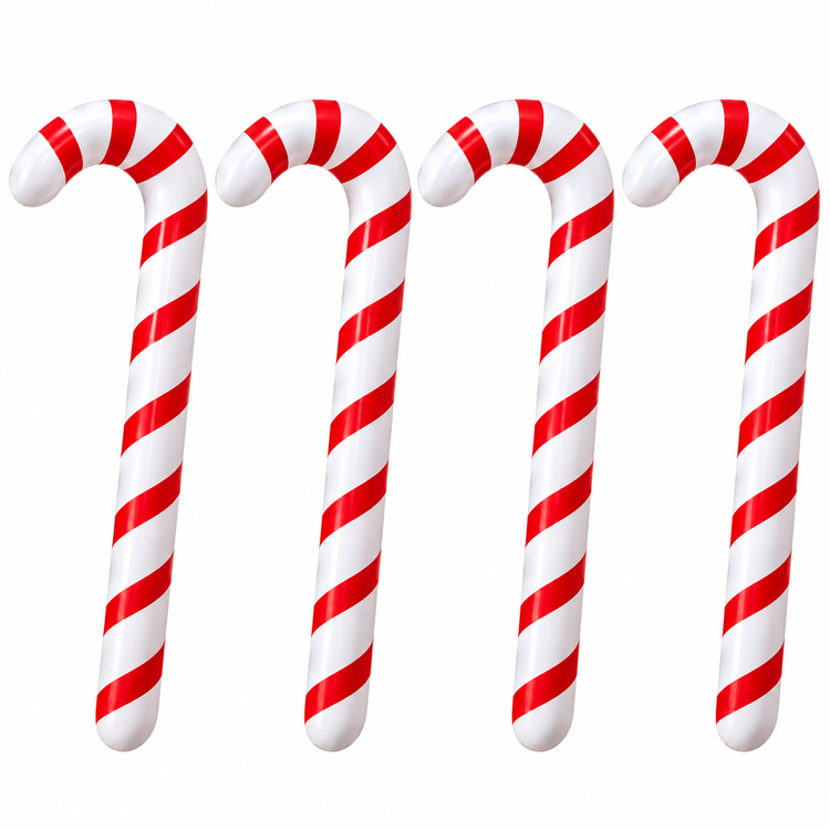 Three plastic candy cane decorations with red and white diagonal stripes, arranged side-by-side on a plain white background.