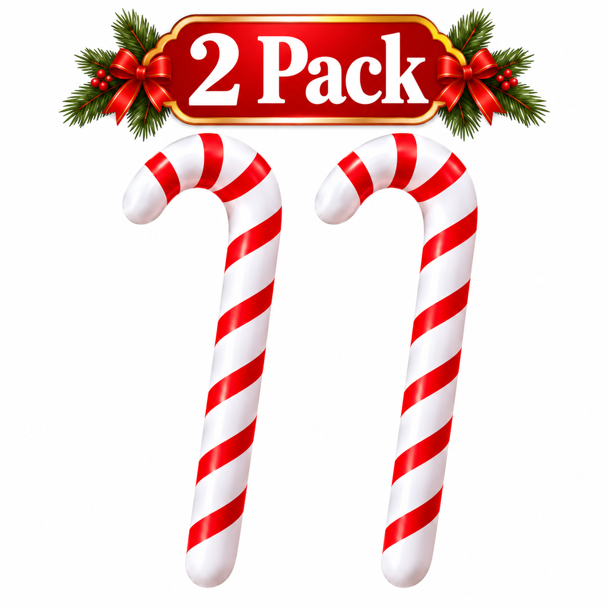 Two red and white striped candy canes shown on a plain white background, with a decorative red banner above that reads "2 Pack" and is decorated with green pine branches and red bows.