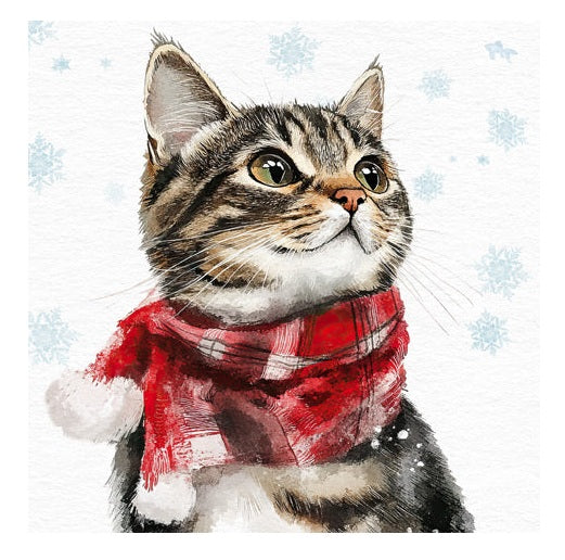 napkin with a Cat wearing a red scarf on a snowy background