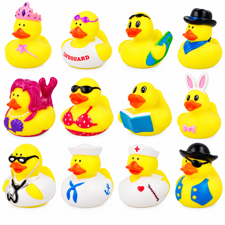 Twelve yellow rubber ducks arranged in a 3-by-4 grid on a white background, each styled with different accessories such as a crown, swim goggles, lifebuoy, flippers, hat, bunny ears, sunglasses, and outfits.