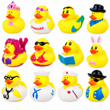 Twelve yellow rubber ducks arranged in a 3-by-4 grid on a white background, each styled with different accessories such as a crown, swim goggles, lifebuoy, flippers, hat, bunny ears, sunglasses, and outfits.