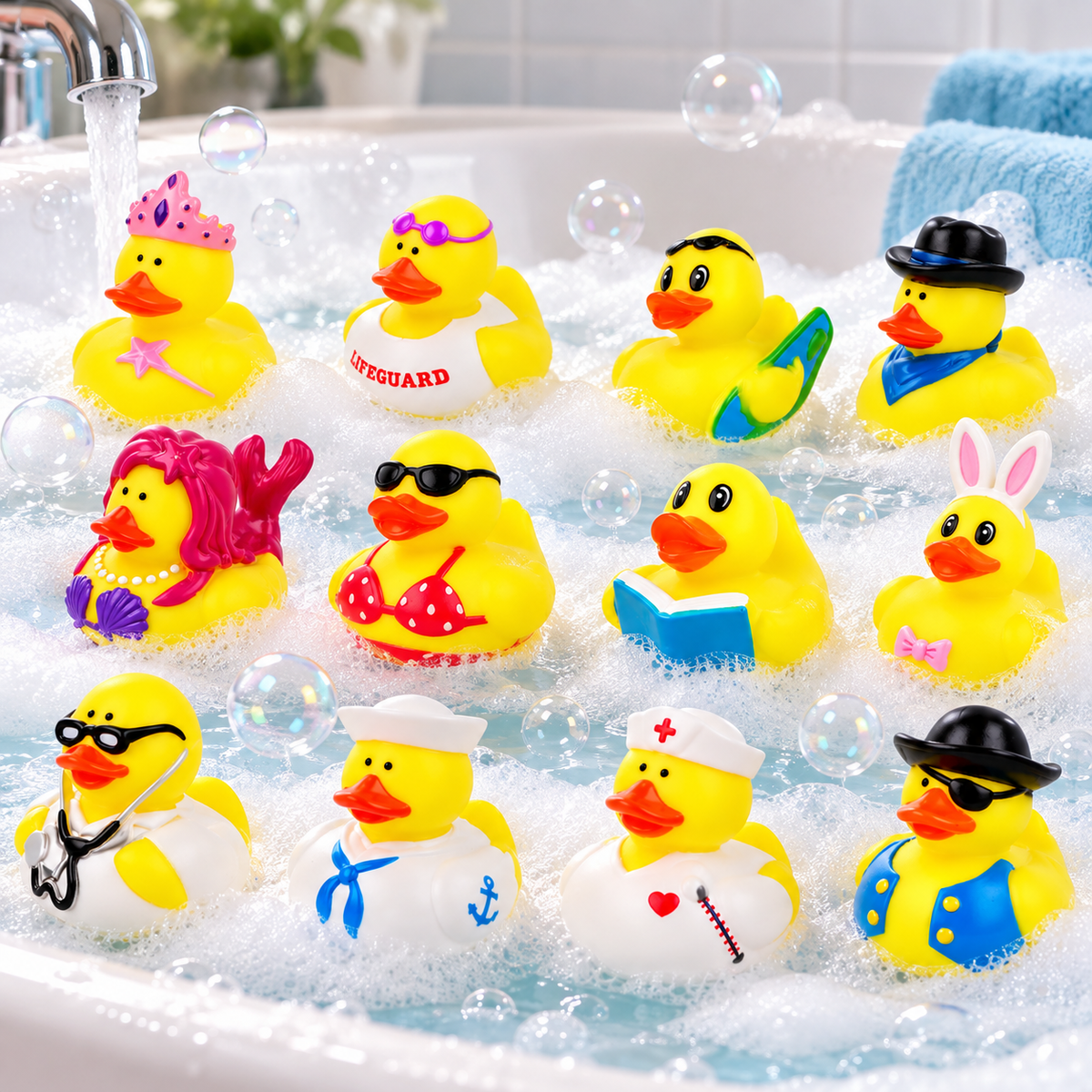 Twelve yellow rubber duck toys with various colorful cartoon outfits and accessories, arranged in a bubble-filled bathtub with running water.