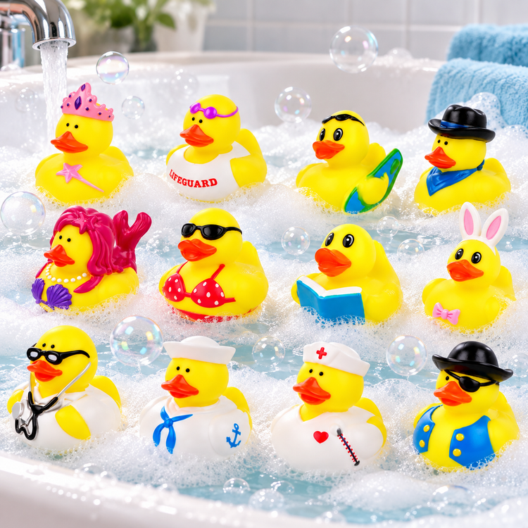 Twelve yellow rubber duck toys with various colorful cartoon outfits and accessories, arranged in a bubble-filled bathtub with running water.