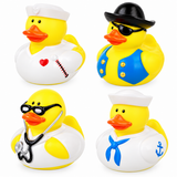 Four novelty rubber duck toys arranged in a 2x2 grid on a white background. The ducks are yellow and wear different medical and nautical outfits: one as a nurse with a bandage and heart, one as a doctor with a hatbox mummy and stethoscope, one as a doctor with sunglasses and stethoscope, and one as a sailor with a blue bandana and anchor.