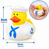 Yellow rubber duck toy dressed as a sailor, shown with blue dimension arrows indicating approximately 6 cm height and 5 cm width, plus a circular inset photo of the duck being held in a hand.