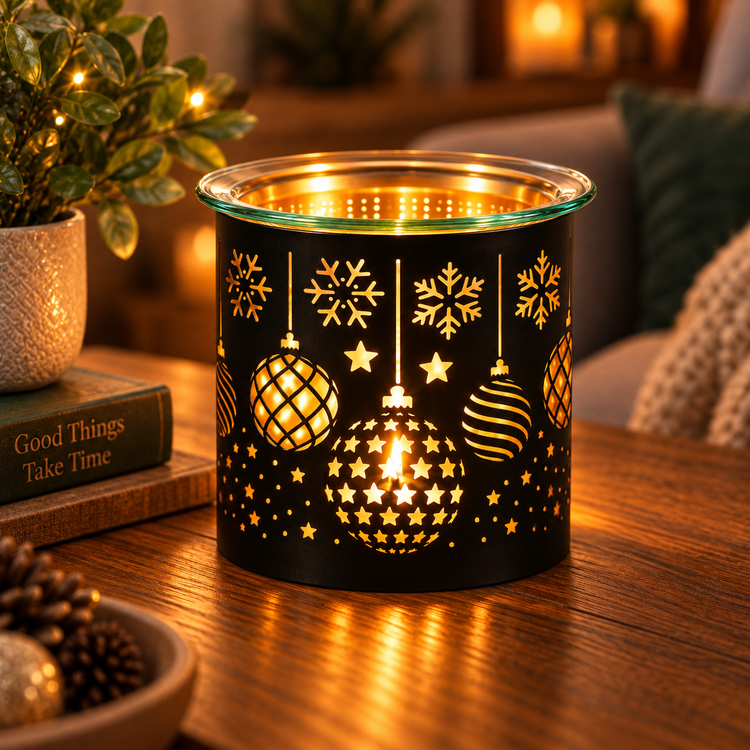 A black holiday-themed candle warmer with gold laser-cut snowflakes, stars, and ornaments, glowing warmly on a wooden table in a cozy living room setting.