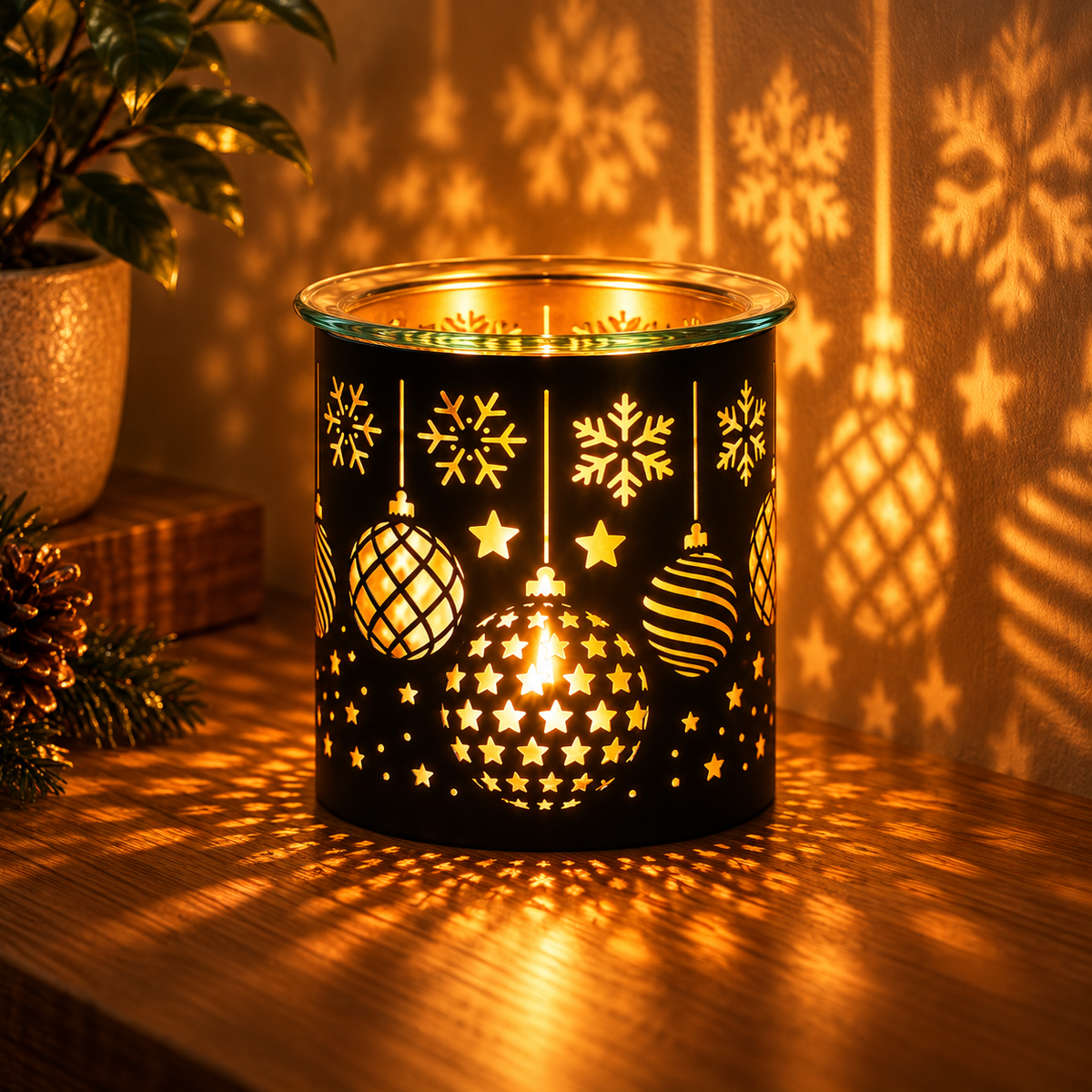 A black holiday-themed candle holder with laser-cut snowflakes, stars, and ornaments, glowing warmly on a wooden table and casting decorative shadows on the wall.