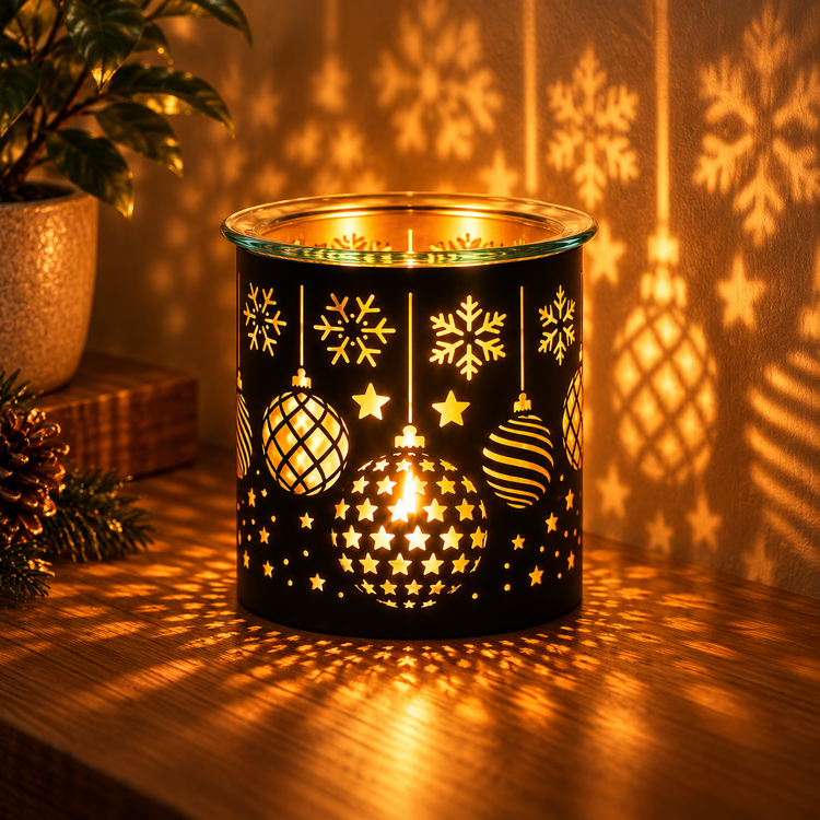 A black holiday-themed candle holder with laser-cut snowflakes, stars, and ornaments, glowing warmly on a wooden table and casting decorative shadows on the wall.