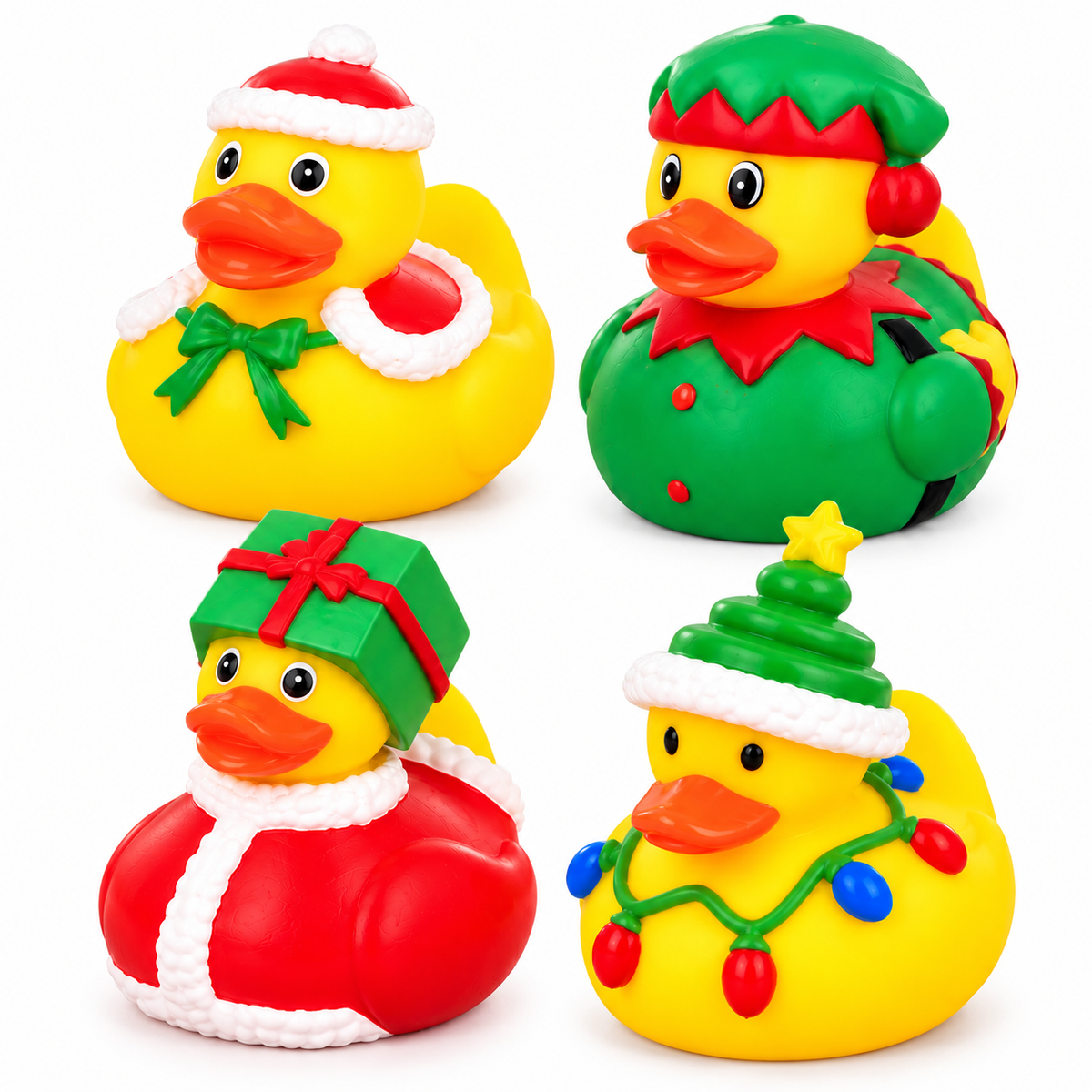 Four Christmas-themed rubber duck toys arranged in a 2x2 grid on a white background. The top-left duck wears a Santa hat and bow; the top-right wears an elf hat and collar; the bottom-left is wrapped in a red gift with a green bow; the bottom-right has a Christmas tree hat and colorful holiday lights.