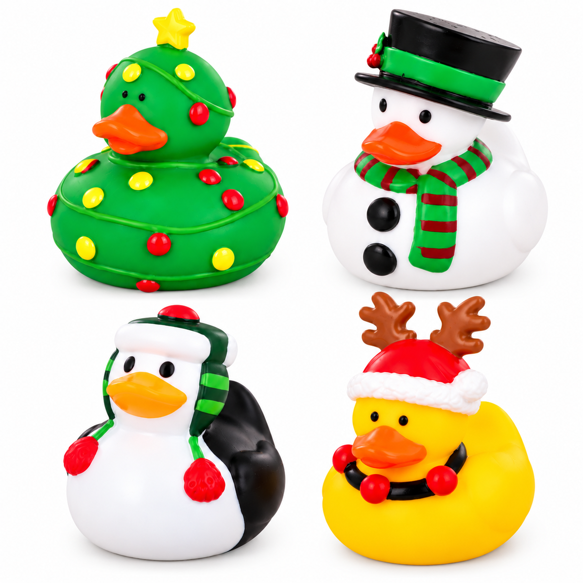 Four Christmas-themed rubber duck toys arranged in a 2x2 grid on a white background: a green tree duck with ornaments, a white snowman with a top hat and scarf, a penguin in a green and red hat, and a yellow duck with reindeer antlers and a Santa hat.