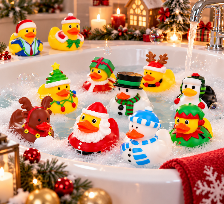 A group of colorful Christmas-themed rubber duckies floating in a bubbling bathtub with running water. The ducks are dressed in holiday outfits including Santa Claus, a snowman, a reindeer, a penguin, and festive hats and scarves.