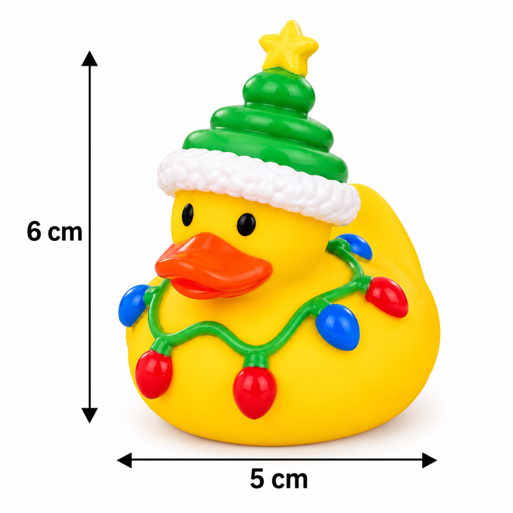A yellow rubber duck with a green Christmas tree hat, white trim, and colorful holiday lights, shown on a white background with black dimension arrows labeled 6 cm tall and 5 cm wide.