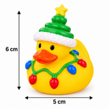 A yellow rubber duck with a green Christmas tree hat, white trim, and colorful holiday lights, shown on a white background with black dimension arrows labeled 6 cm tall and 5 cm wide.
