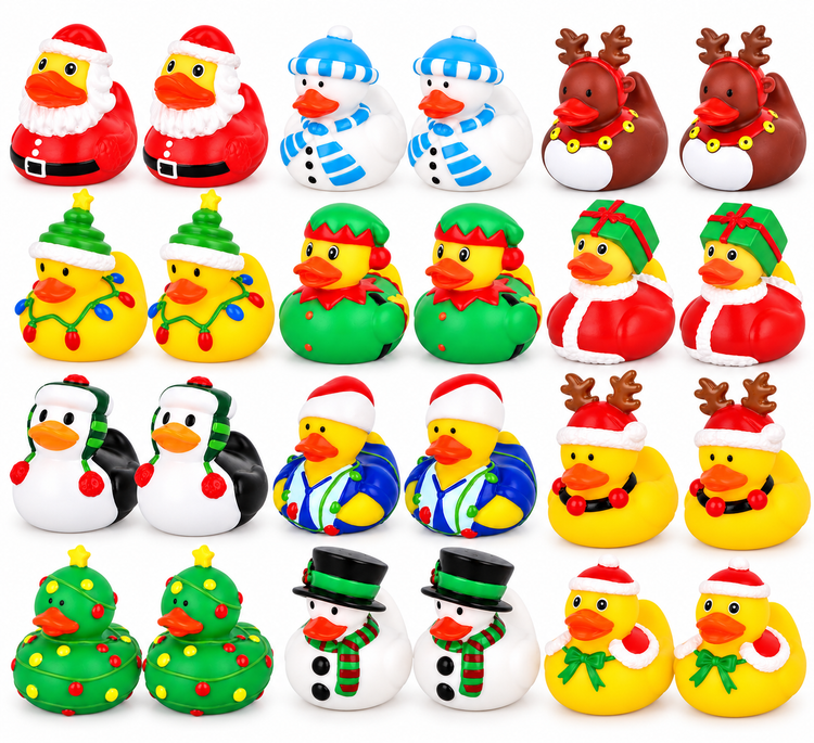 A 4x6 grid of 24 colorful Christmas-themed rubber duck toys on a plain white background. The set includes Santa Claus, snowman, reindeer, penguin, Christmas tree, and snowman designs in red, white, blue, green, yellow, and brown.