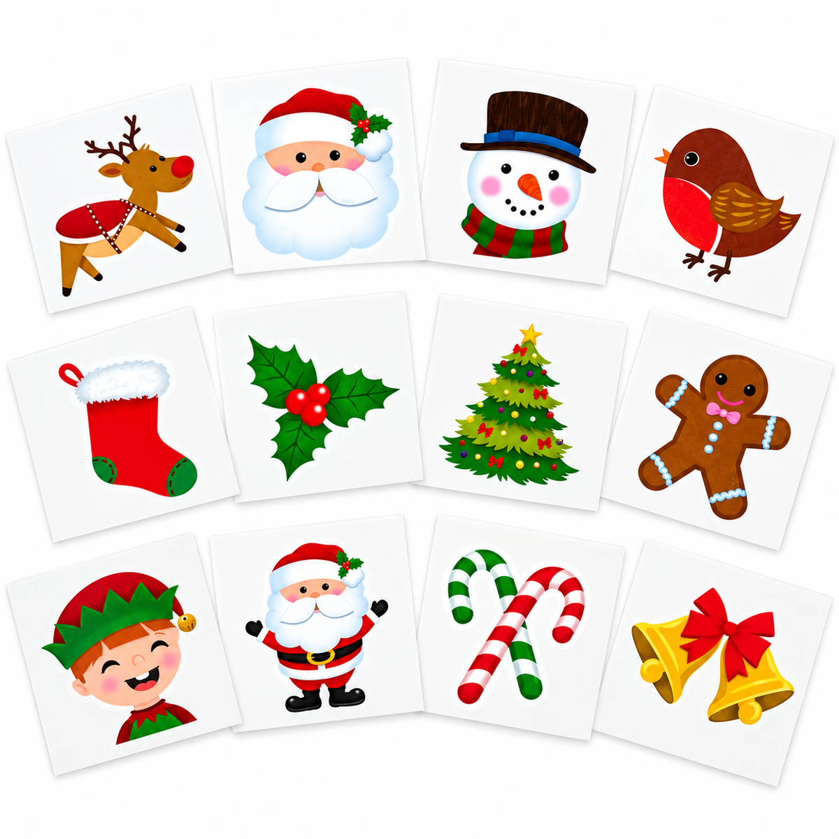 A set of square Christmas-themed cards or stickers arranged in three rows on a white background, featuring festive illustrations including a reindeer, Santa Claus, a snowman, a robin, a stocking, holly, a Christmas tree, a gingerbread man, an elf, another Santa Claus, candy canes, and bells.