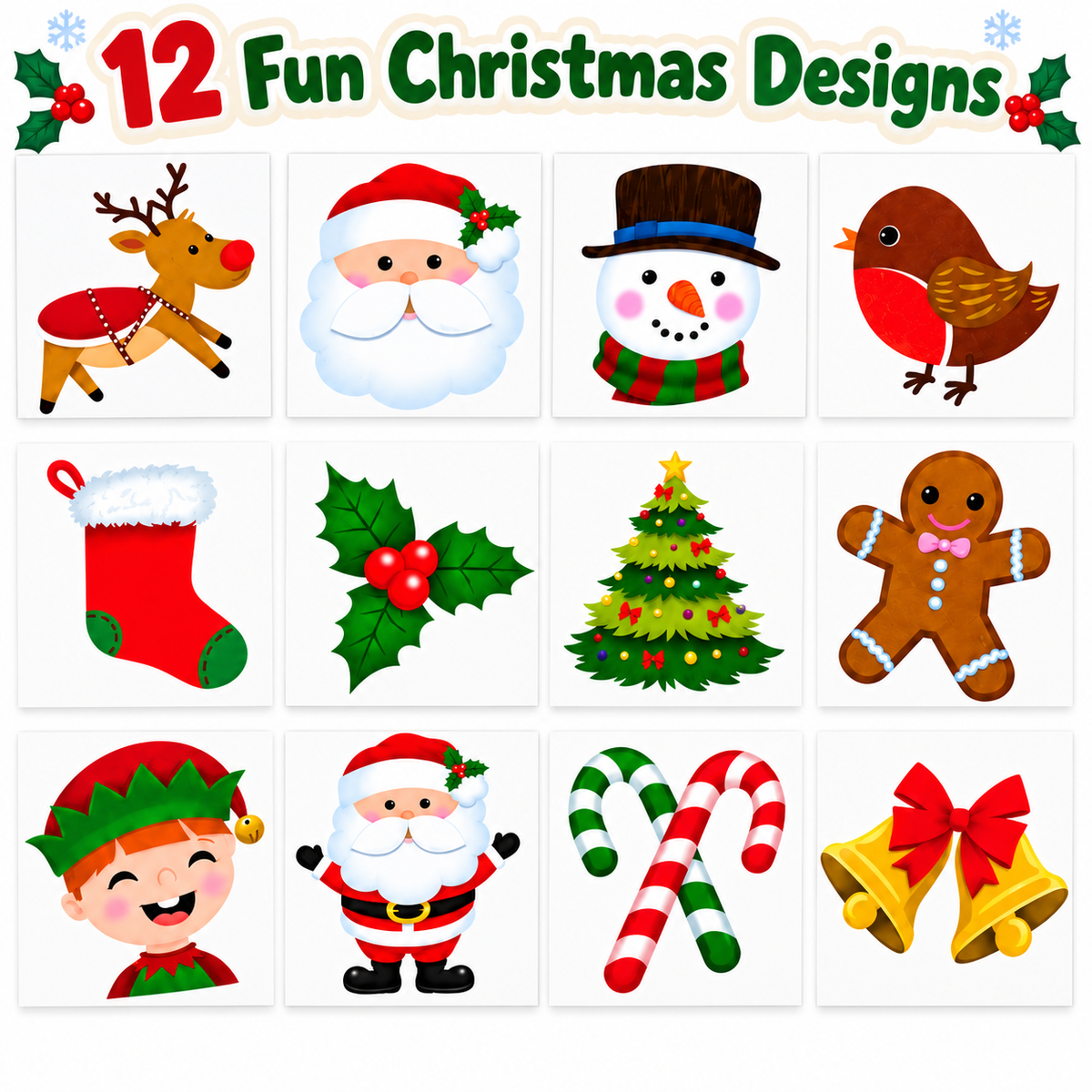 A festive graphic titled '12 Fun Christmas Designs' showing a 3x4 grid of holiday illustrations: a reindeer, Santa Claus, snowman, robin, stocking, holly, Christmas tree, gingerbread man, elf, Santa Claus, candy canes, and bells.