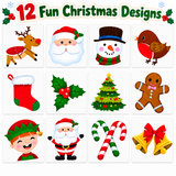 A festive graphic titled '12 Fun Christmas Designs' showing a 3x4 grid of holiday illustrations: a reindeer, Santa Claus, snowman, robin, stocking, holly, Christmas tree, gingerbread man, elf, Santa Claus, candy canes, and bells.
