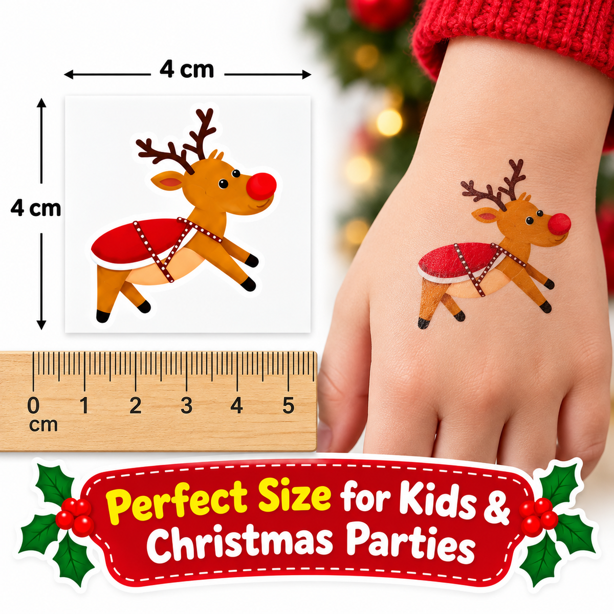 A festive Christmas-themed product graphic showing a small reindeer temporary tattoo or decal on a child's hand, alongside a square sample of the design, a ruler for scale, and text reading 'Perfect Size for Kids & Christmas Parties.' Because a human hand is visible, this falls under Lifestyle rather than Product/Packaging, even though the layout is also infographic-like.