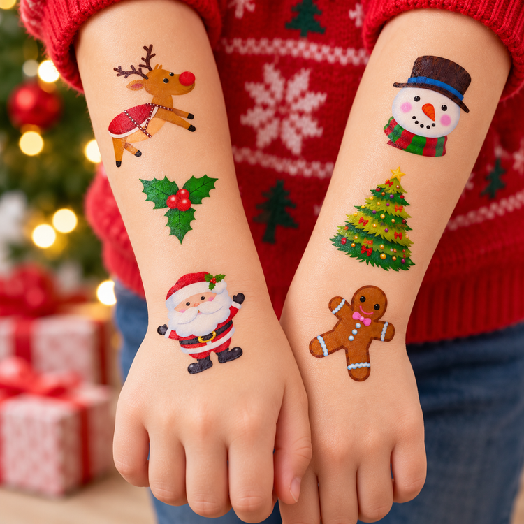 A person wearing a red Christmas sweater shows two temporary arm and wrist decals with festive holiday designs, including a reindeer, holly, Santa, snowman, Christmas tree, and gingerbread man, against a blurred Christmas tree and gift background.