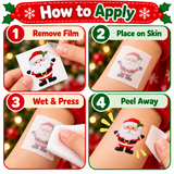 Instructional graphic titled 'How to Apply' showing four steps for temporary Santa Claus film stickers: remove the film, place on skin, wet and press, and peel away. Hands and forearms are visible against a blurred holiday tree background.