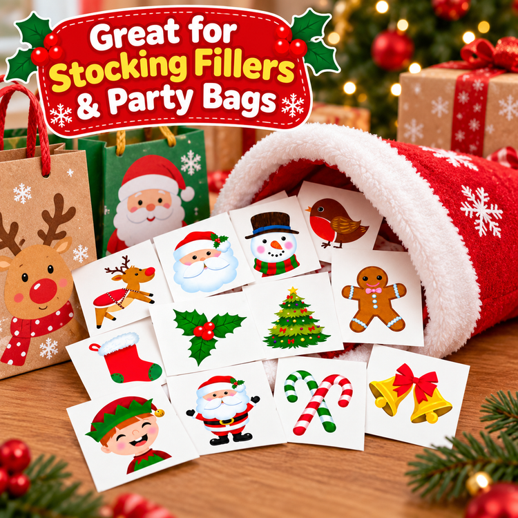 A festive Christmas stocking-themed display with a red velvet stocking spilling out small printed cards featuring holiday illustrations like Santa Claus, a robin, gingerbread, elf, candy canes, and bells. A large red banner at the top reads 'Great for Stocking Fillers & Party Bags,' with gift bags, pine branches, ornaments, and wrapped presents in the background.