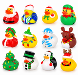 Twelve colorful Christmas-themed rubber duckies arranged in a 3-by-4 grid on a white background. The designs include Santa Claus, a blue-and-white Santa, a green-and-red elf, a green Santa sack, a green Christmas tree, a yellow Christmas duck with lights, a snowman in a blue hat and scarf, a black-and-white snowman with red ornaments, a green snowman, a yellow Christmas duck with reindeer antlers, and a yellow duck with a Santa hat.