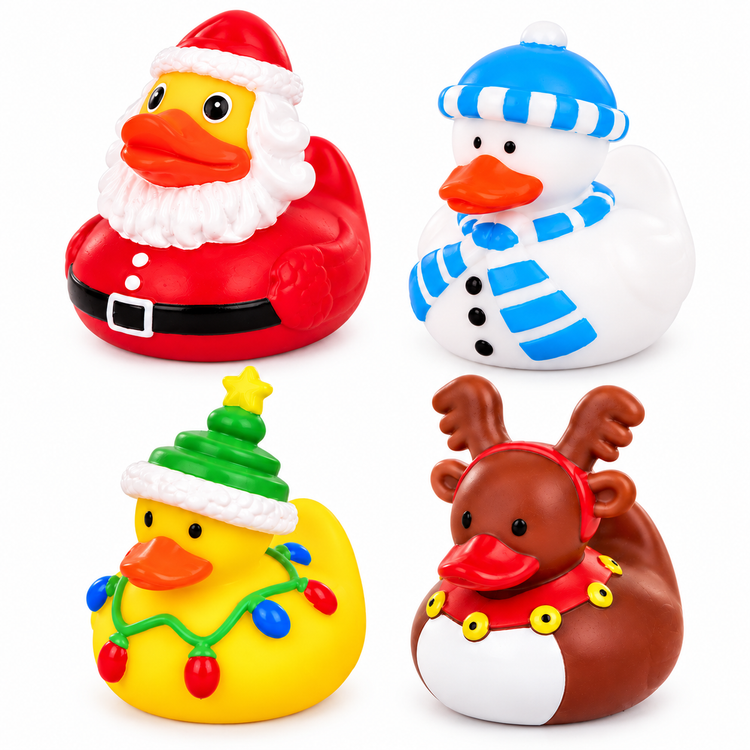 Four Christmas-themed rubber duckies arranged in a 2x2 grid on a white background: Santa Claus, a snowman, a yellow duck with a Christmas tree hat and colorful string lights, and a brown reindeer with antlers and a red collar.