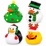 Four Christmas-themed rubber duck toys arranged in a 2x2 grid on a white background: a green tree duck with ornaments, a white snowman with a top hat and scarf, a penguin in a green and red hat, and a yellow duck with reindeer antlers and a Santa hat.