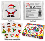 Christmas-themed fun tattoos set shown with the retail box, a packaged sheet of white square stickers, and several example sticker designs including Santa, reindeer, bird, Christmas tree, gingerbread man, stocking, candy cane, and bell. The image includes Pack Front, Pack Back, and Example Designs labels.